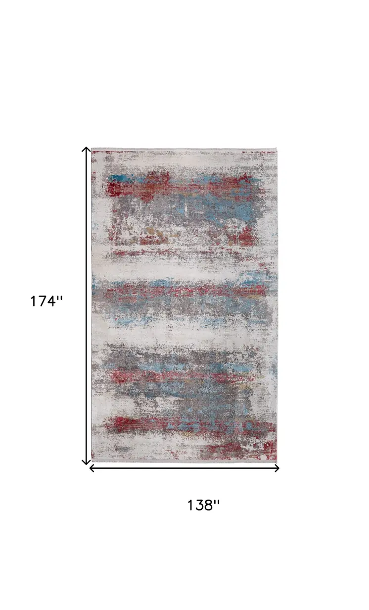 12' X 15' Gray Blue and Red Abstract Power Loom Area Rug With Fringe