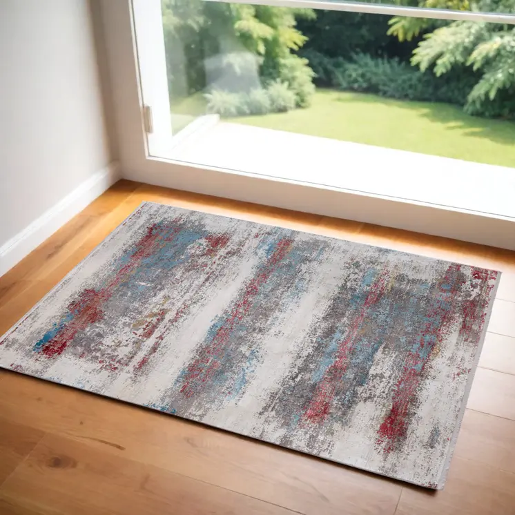 2' X 3' Gray Blue and Red Abstract Power Loom Area Rug With Fringe
