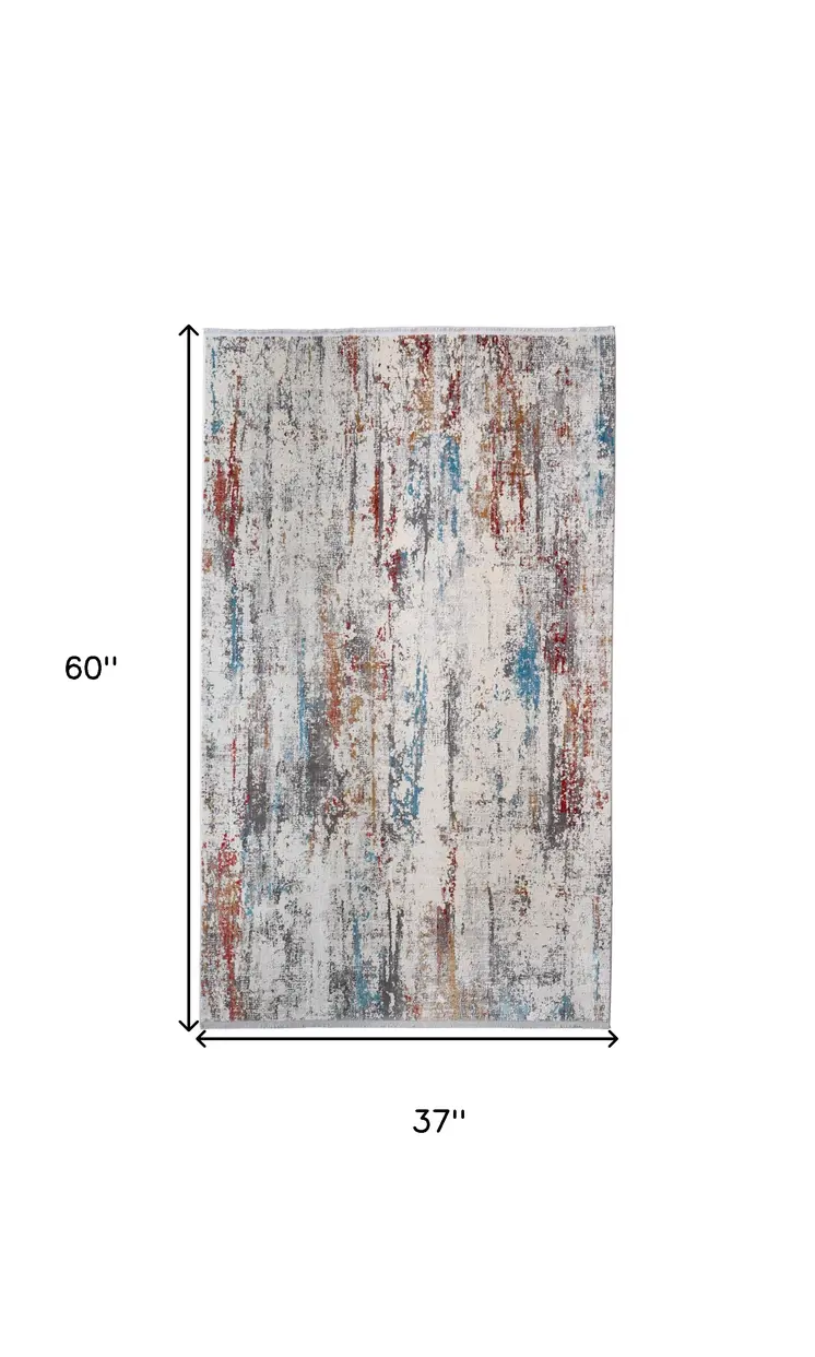 3' X 5' Gray Blue and Red Abstract Power Loom Area Rug With Fringe