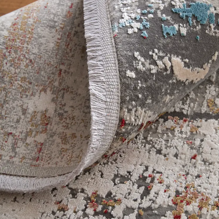 7' X 10' Gray Blue and Red Abstract Power Loom Area Rug With Fringe