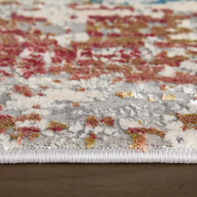 10' X 13' Gray Blue and Red Abstract Power Loom Area Rug With Fringe