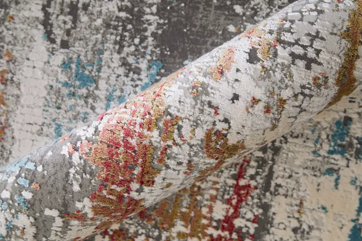 10' X 13' Gray Blue and Red Abstract Power Loom Area Rug With Fringe