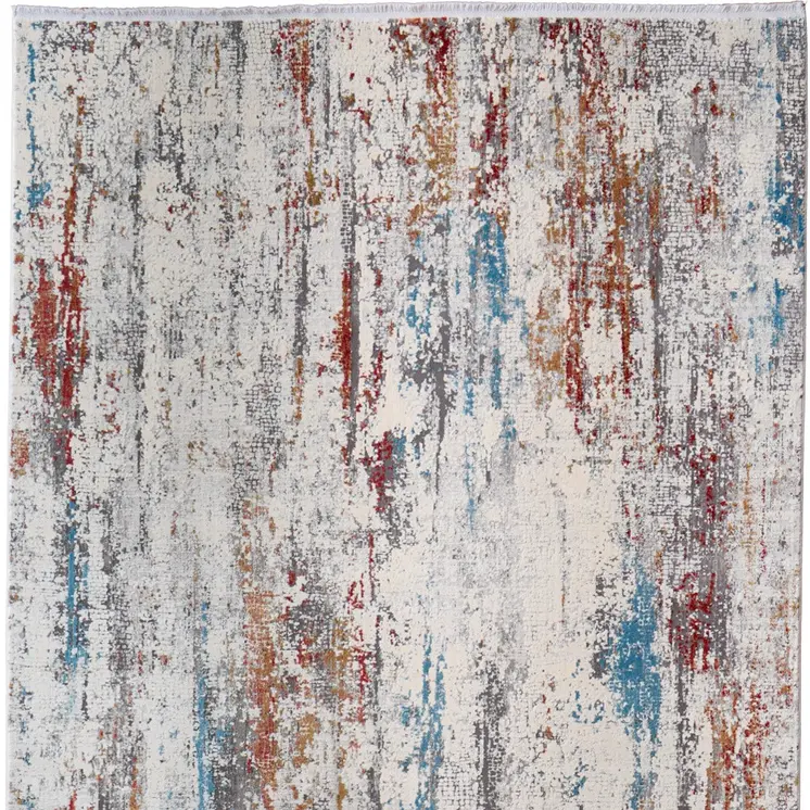 10' X 13' Gray Blue and Red Abstract Power Loom Area Rug With Fringe