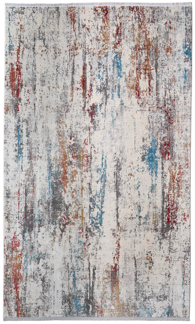 10' X 13' Gray Blue and Red Abstract Power Loom Area Rug With Fringe