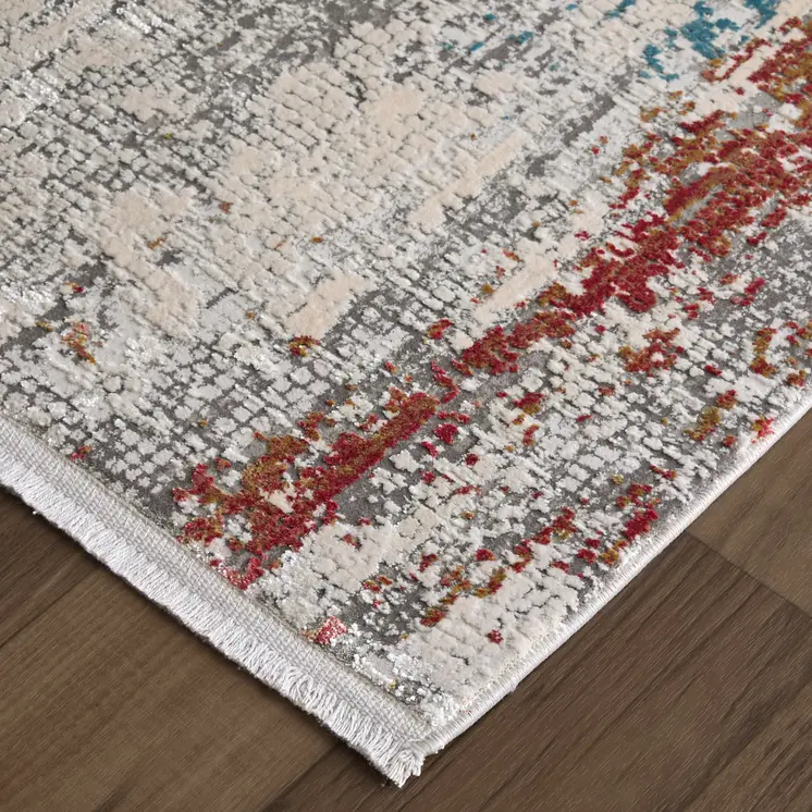 10' Gray Blue and Red Abstract Power Loom Runner Rug With Fringe