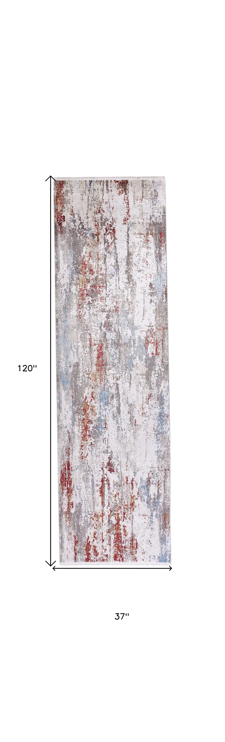 10' Gray Blue and Red Abstract Power Loom Runner Rug With Fringe