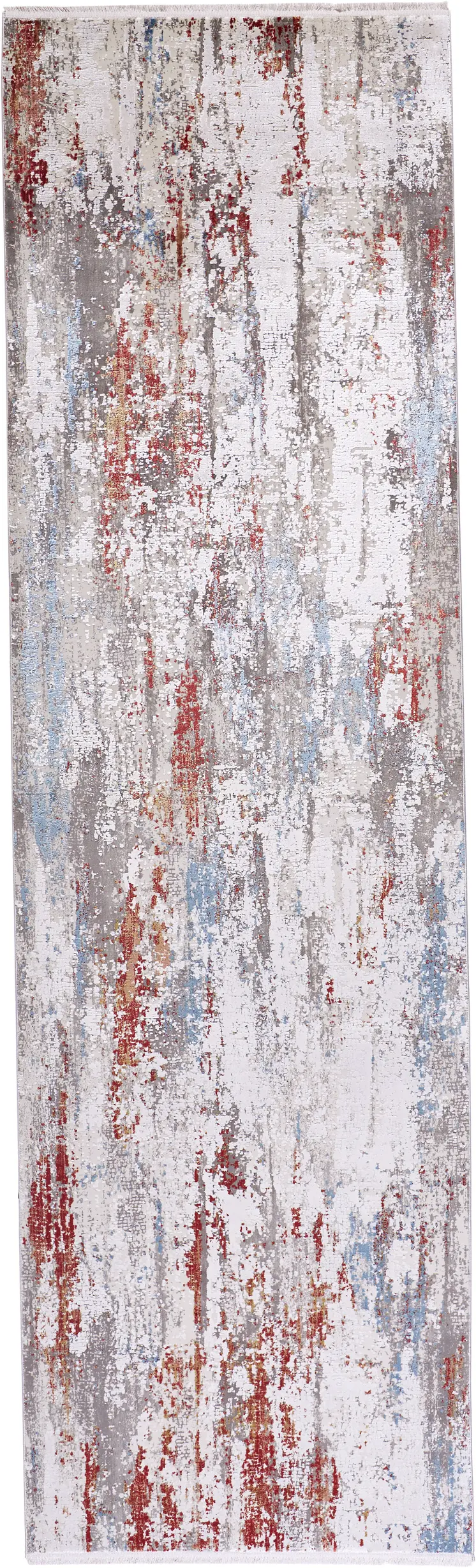 10' Gray Blue and Red Abstract Power Loom Runner Rug With Fringe