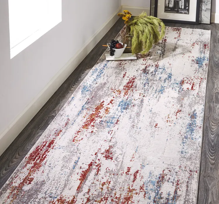 10' Gray Blue and Red Abstract Power Loom Runner Rug With Fringe