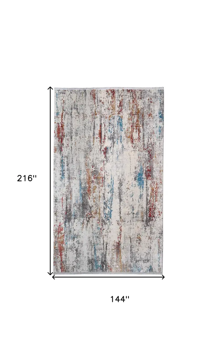 12' X 18' Gray Blue and Red Abstract Power Loom Area Rug With Fringe