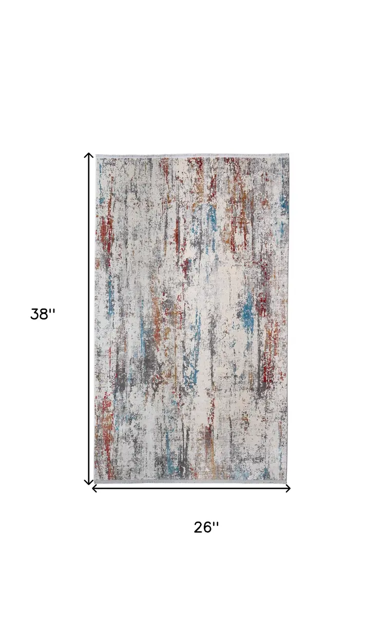 2' X 3' Gray Blue and Red Abstract Power Loom Area Rug With Fringe