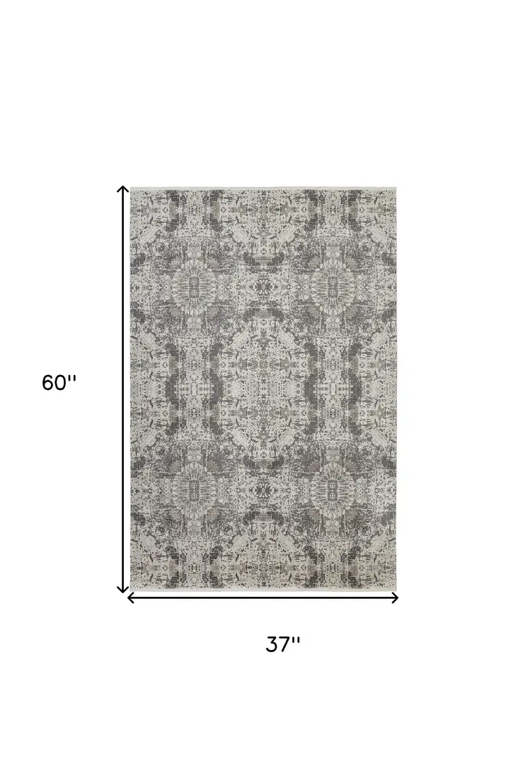 3' X 5' Ivory Taupe and Gray Abstract Power Loom Distressed Area Rug With Fringe