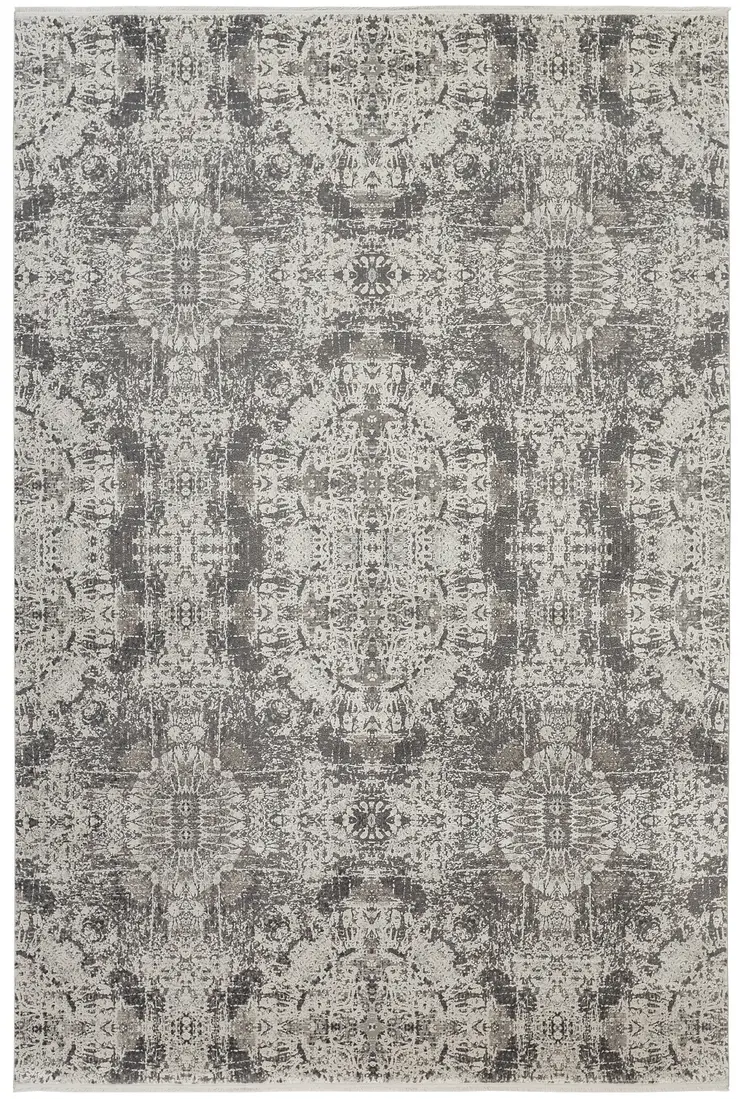 5' X 8' Ivory Taupe and Gray Abstract Power Loom Distressed Area Rug With Fringe