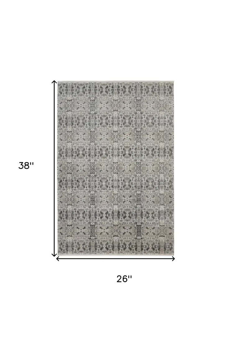 2' X 3' Ivory Taupe and Gray Oriental Power Loom Area Rug With Fringe
