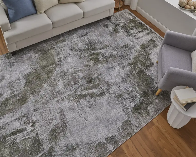 5' X 8' Gray Silver and Green Ikat Power Loom Area Rug With Fringe