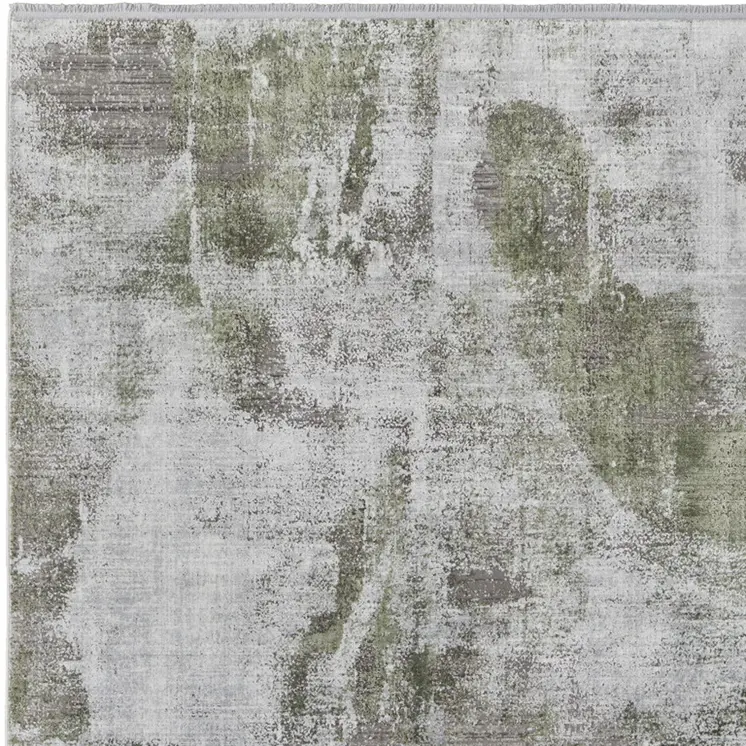 7' X 10' Gray Silver and Green Ikat Power Loom Area Rug With Fringe