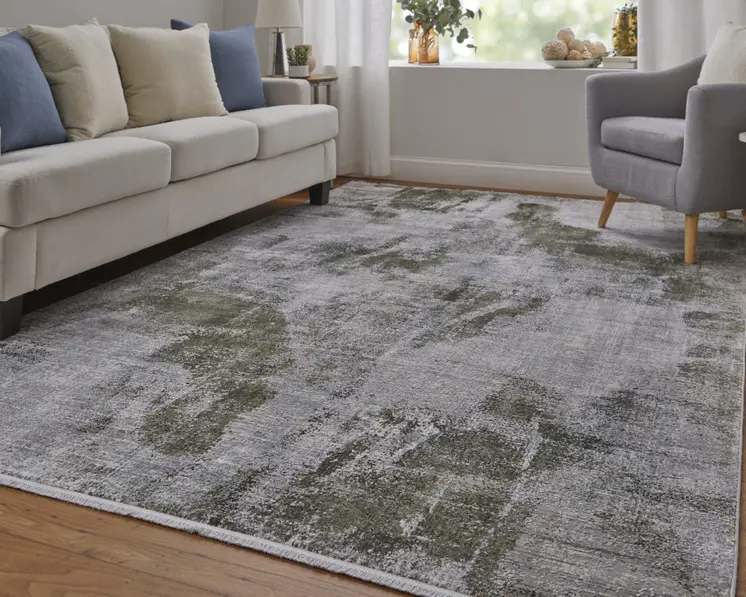 8' X 11' Gray Silver and Green Ikat Power Loom Area Rug With Fringe
