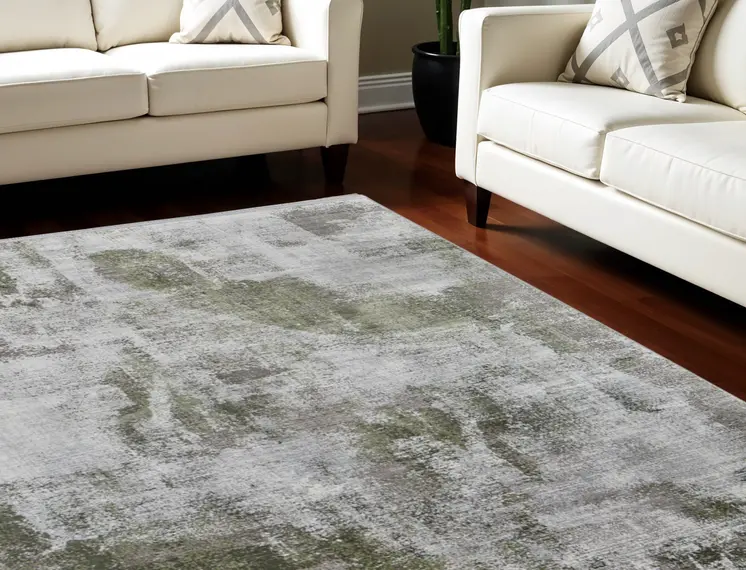 8' X 11' Gray Silver and Green Ikat Power Loom Area Rug With Fringe