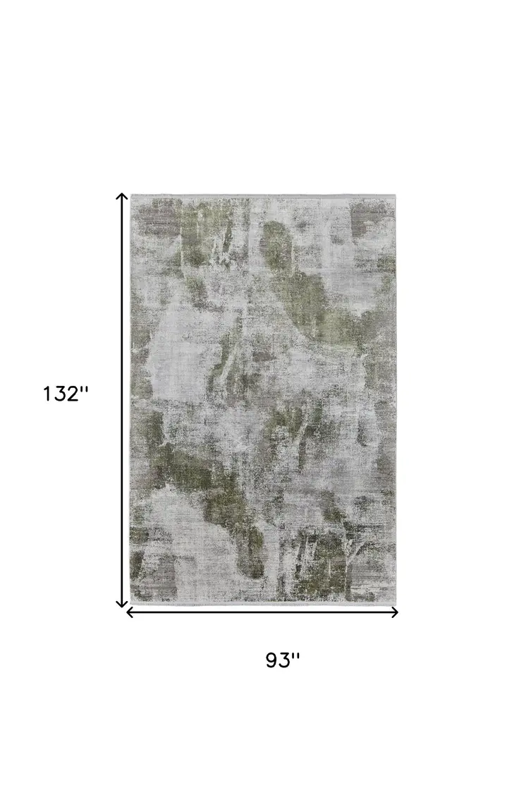 8' X 11' Gray Silver and Green Ikat Power Loom Area Rug With Fringe