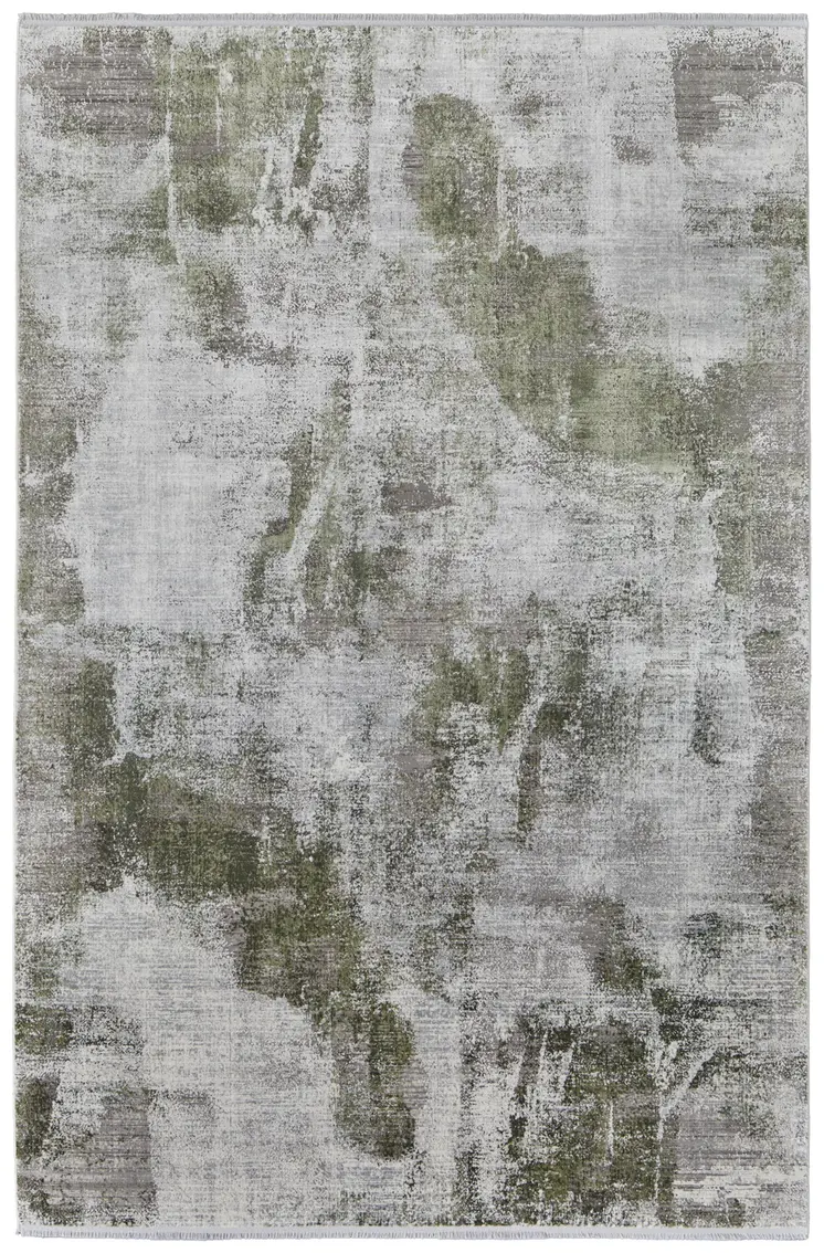 8' X 11' Gray Silver and Green Ikat Power Loom Area Rug With Fringe