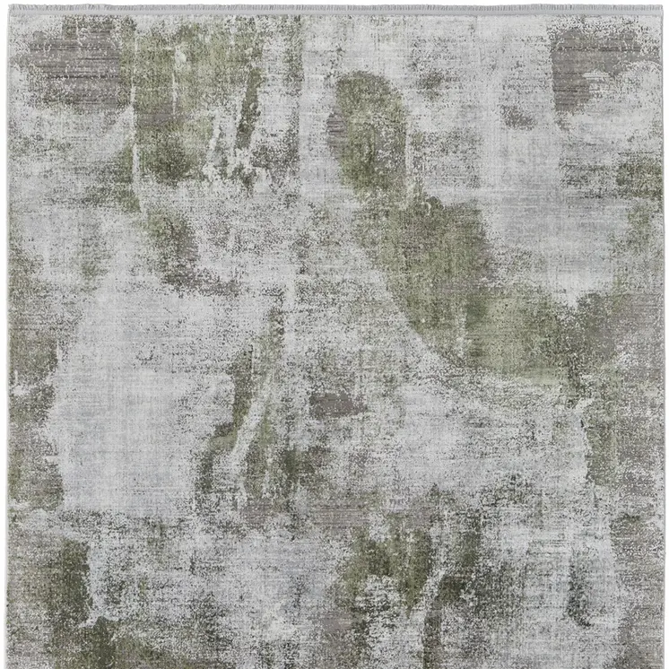 12' X 18' Gray Silver and Green Ikat Power Loom Area Rug With Fringe