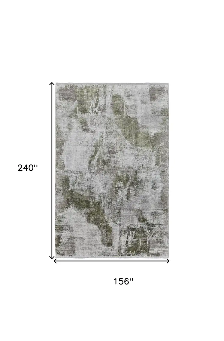 13' X 20' Gray Silver and Green Ikat Power Loom Area Rug With Fringe