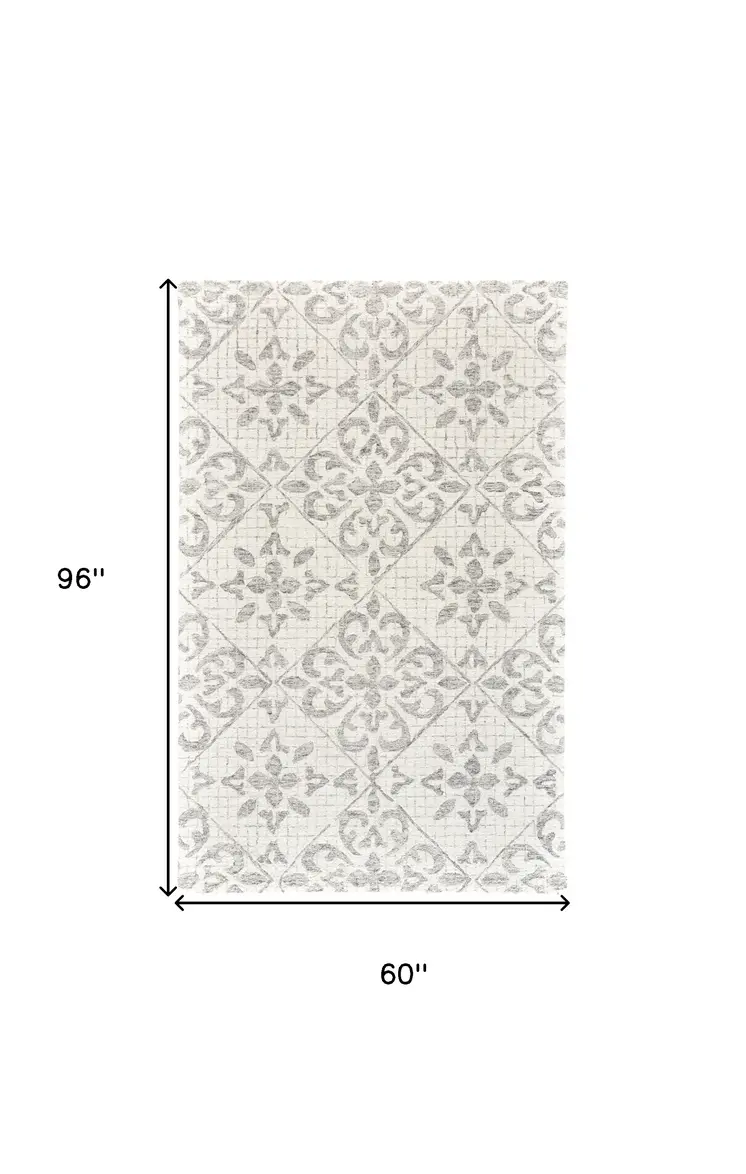 5' X 8' Ivory and Gray Wool Floral Hand Tufted Area Rug