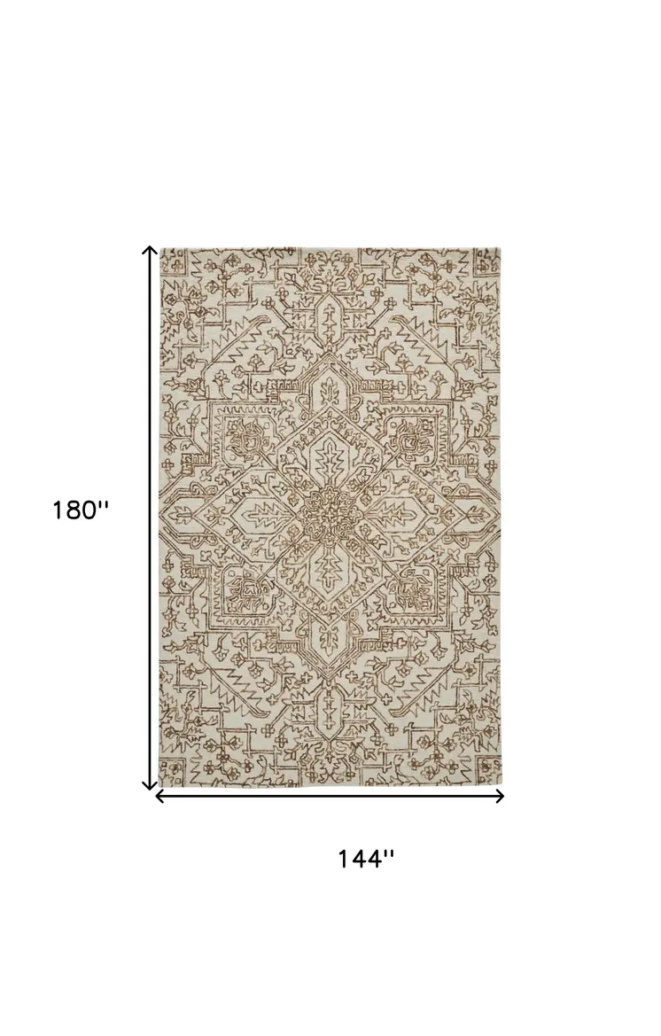 12' X 15' Brown and Ivory Wool Oriental Hand Tufted Area Rug