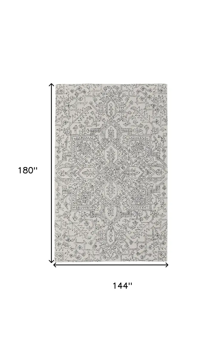 12' X 15' White and Gray Wool Oriental Hand Tufted Area Rug