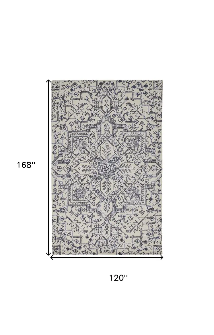 10' X 14' Ivory and Blue Wool Oriental Hand Tufted Area Rug