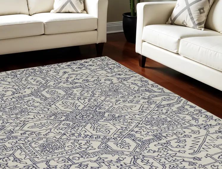 12' X 15' Ivory and Blue Wool Oriental Hand Tufted Area Rug