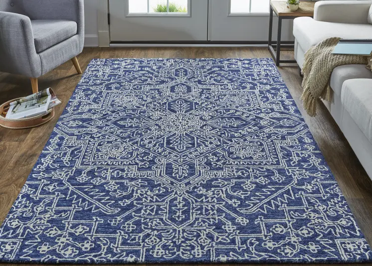 10' X 14' Ivory and Blue Wool Oriental Hand Tufted Area Rug