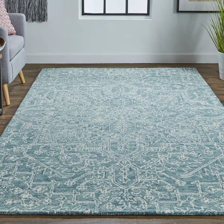 10' X 14' Green Blue and Ivory Wool Oriental Hand Tufted Area Rug