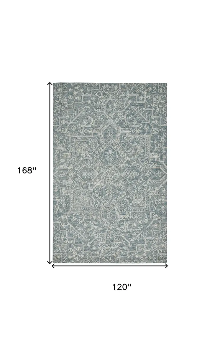 10' X 14' Green Blue and Ivory Wool Oriental Hand Tufted Area Rug