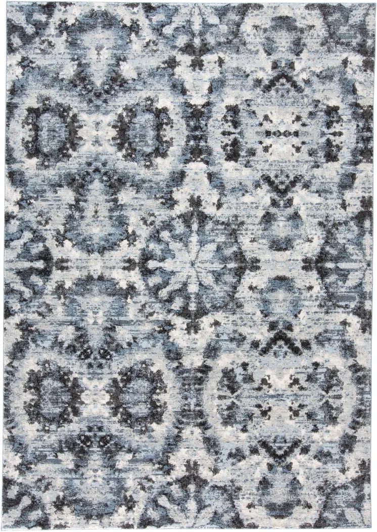 5' X 8' Blue Black and Ivory Ikat Power Loom Area Rug
