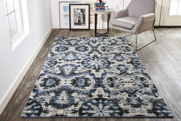 5' X 8' Blue Black and Ivory Ikat Power Loom Area Rug