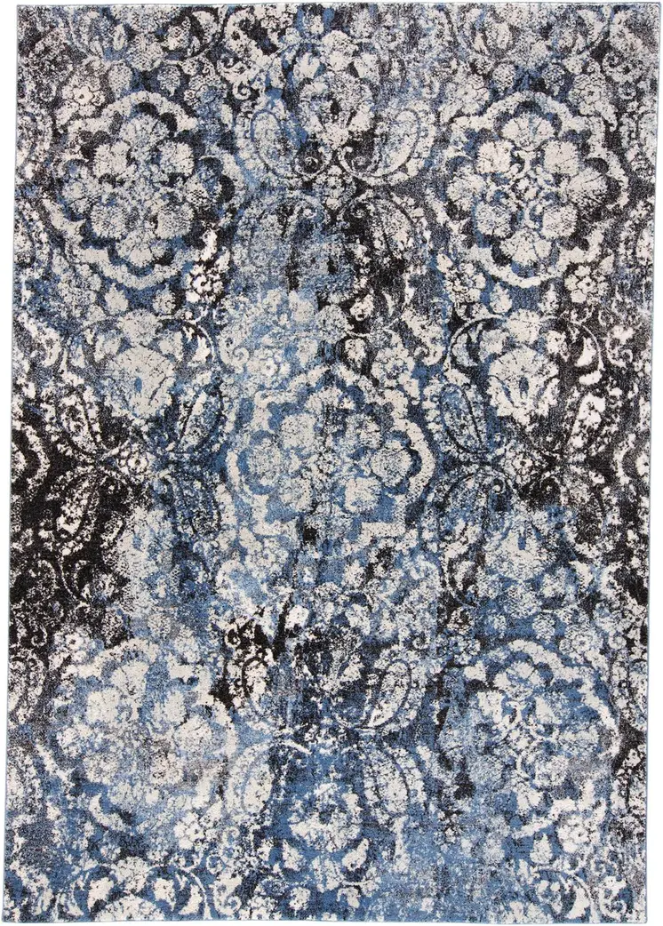 8' X 11' Blue Black and Ivory Abstract Power Loom Distressed Area Rug