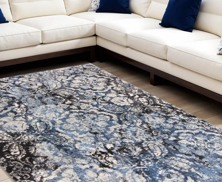 8' X 11' Blue Black and Ivory Abstract Power Loom Distressed Area Rug
