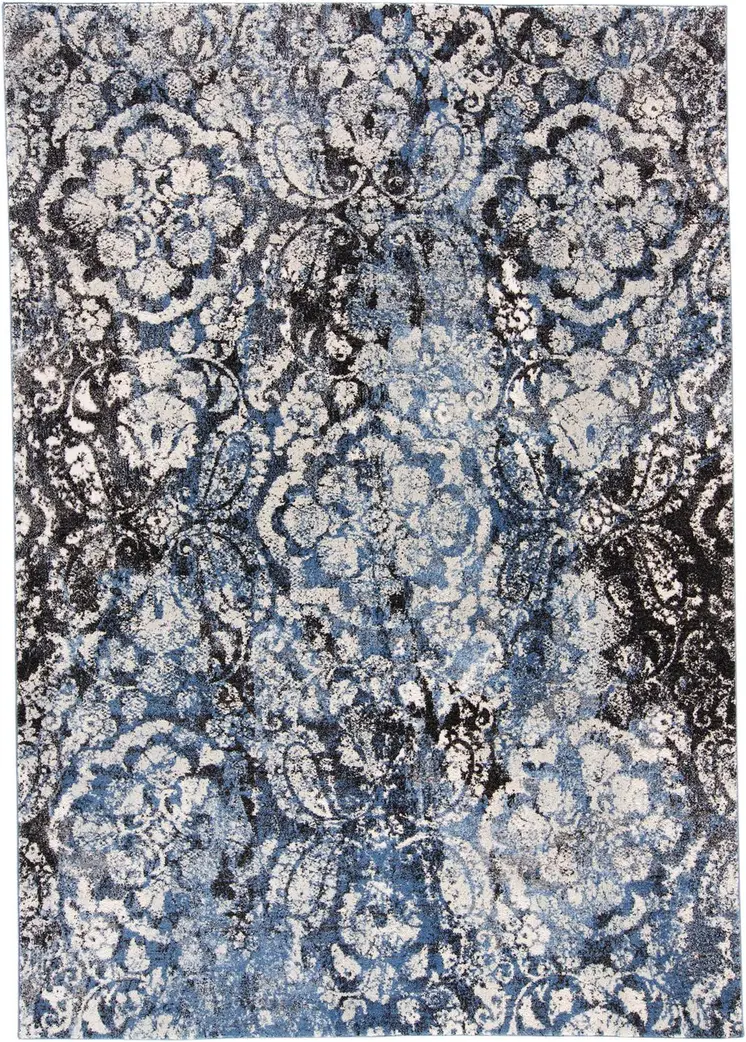8' X 11' Blue Black and Ivory Abstract Power Loom Distressed Area Rug