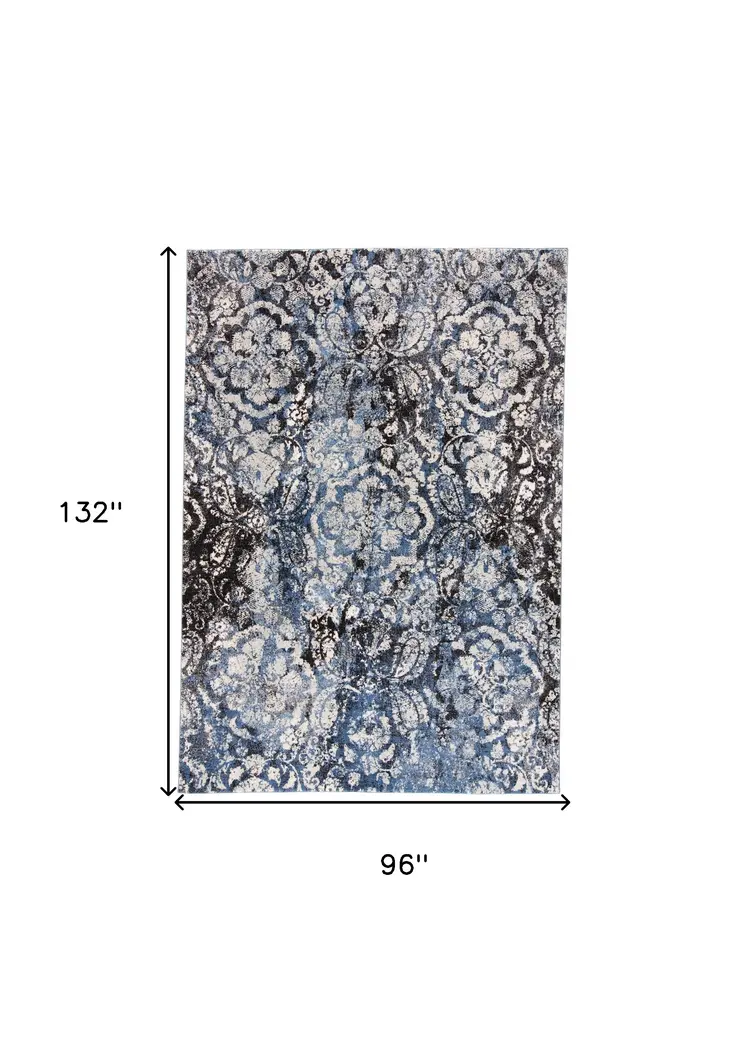 8' X 11' Blue Black and Ivory Abstract Power Loom Distressed Area Rug
