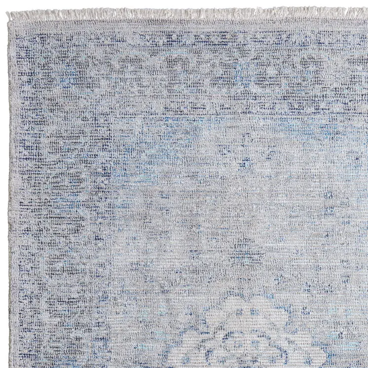8' X 10' Gray Blue and Ivory Oriental Hand Woven Distressed Area Rug With Fringe