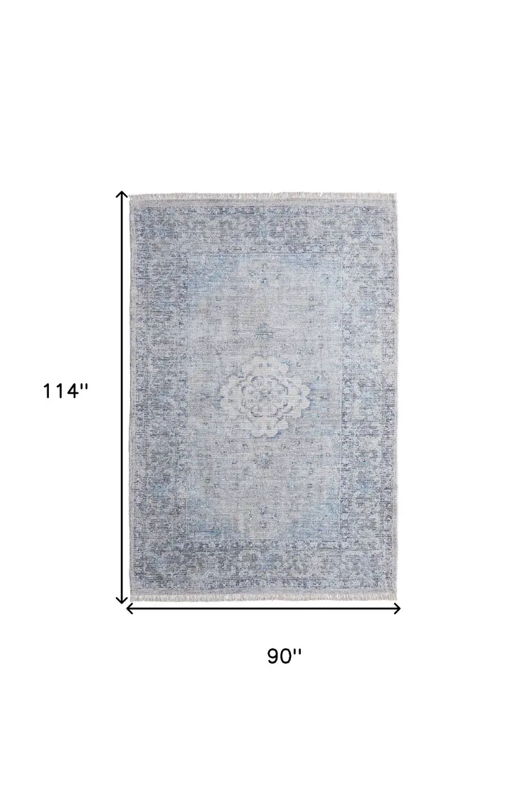 8' X 10' Gray Blue and Ivory Oriental Hand Woven Distressed Area Rug With Fringe