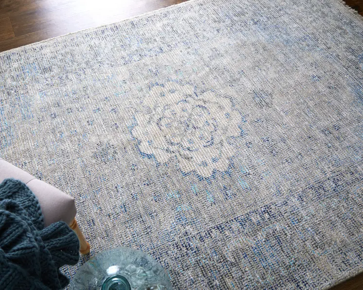 9' X 12' Gray Blue and Ivory Oriental Hand Woven Distressed Area Rug With Fringe
