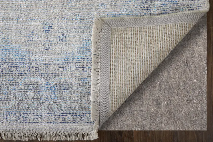 9' X 12' Gray Blue and Ivory Oriental Hand Woven Distressed Area Rug With Fringe