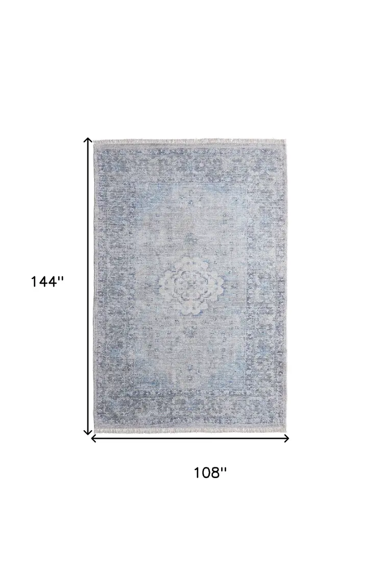 9' X 12' Gray Blue and Ivory Oriental Hand Woven Distressed Area Rug With Fringe