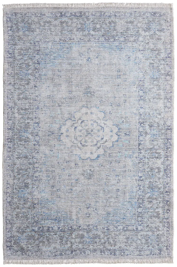9' X 12' Gray Blue and Ivory Oriental Hand Woven Distressed Area Rug With Fringe