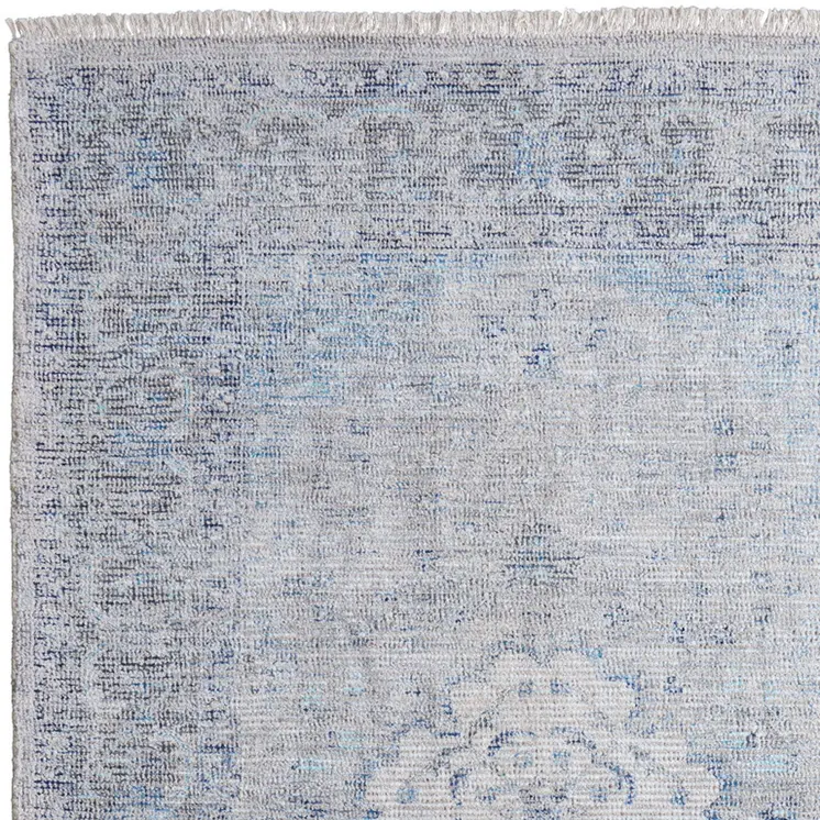 10' X 14' Gray Blue and Ivory Oriental Hand Woven Distressed Area Rug With Fringe