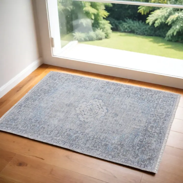 2' X 3' Gray Blue and Ivory Oriental Hand Woven Distressed Area Rug With Fringe
