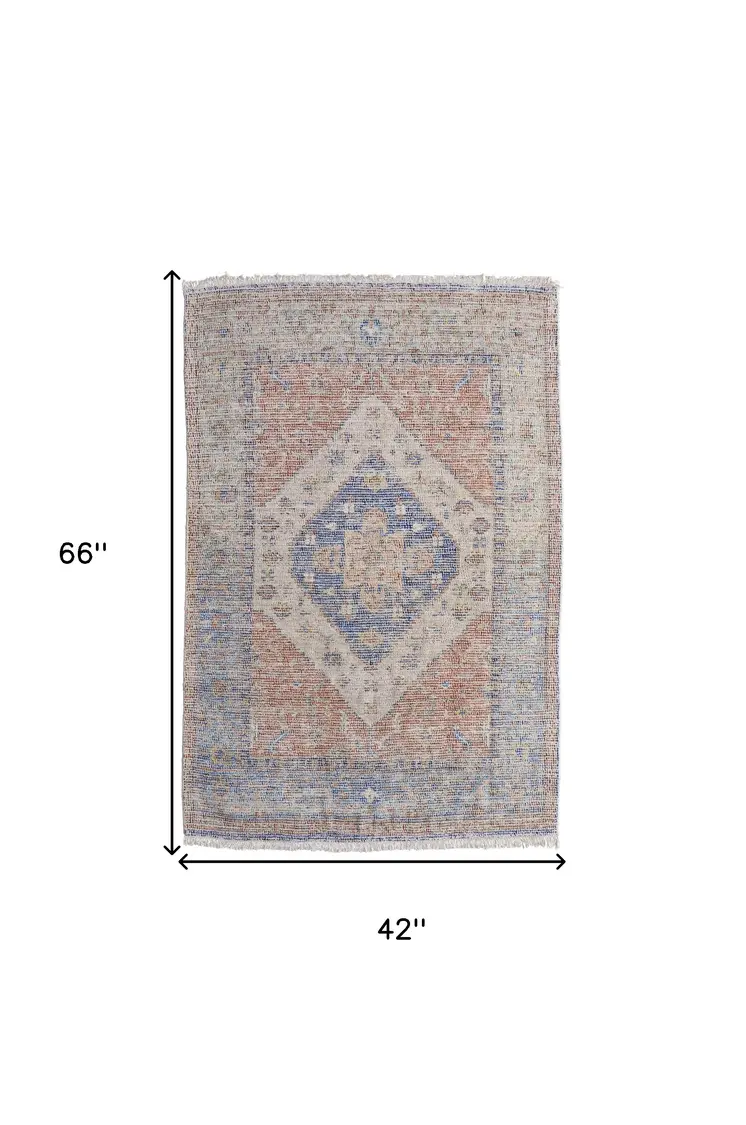 4' X 6' Red Blue and Ivory Abstract Hand Woven Distressed Area Rug With Fringe