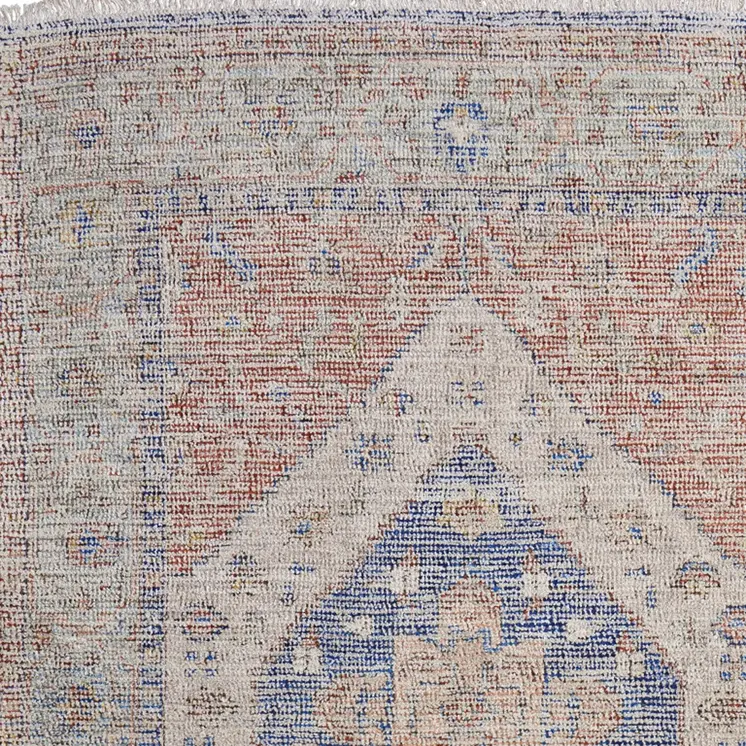 8' X 10' Red Blue and Ivory Abstract Hand Woven Distressed Area Rug With Fringe
