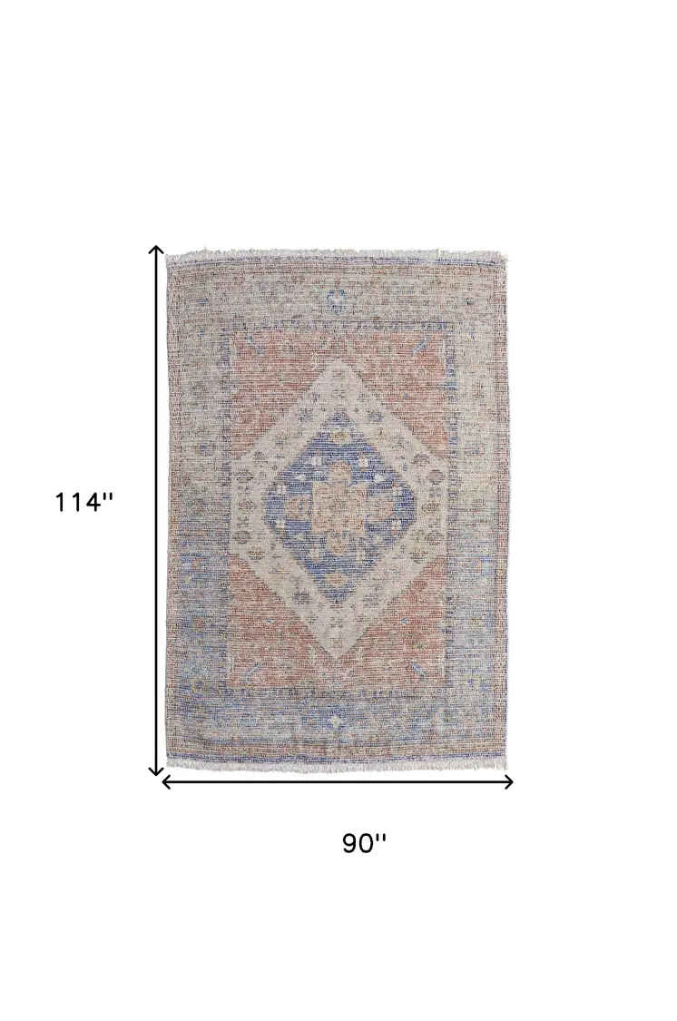 8' X 10' Red Blue and Ivory Abstract Hand Woven Distressed Area Rug With Fringe